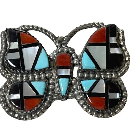 Zuni Native American Inlay Gemstones Butterfly Pin Brooch Pendant Signed Silver - Picture 2 of 13